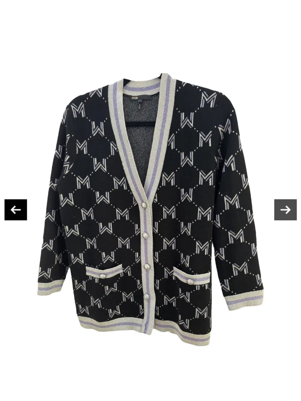 Maje Black Logo Cardigan with Cream and Lavender Trim